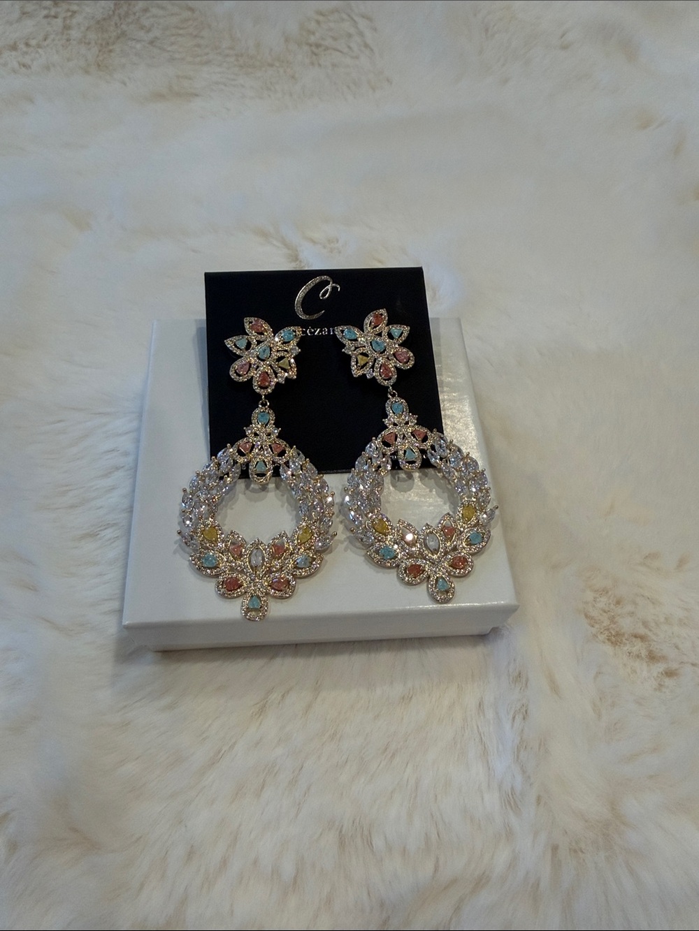 Cezanne Pastel Crystal Floral Chandelier Statement Drop Earrings Gold Tone NWT